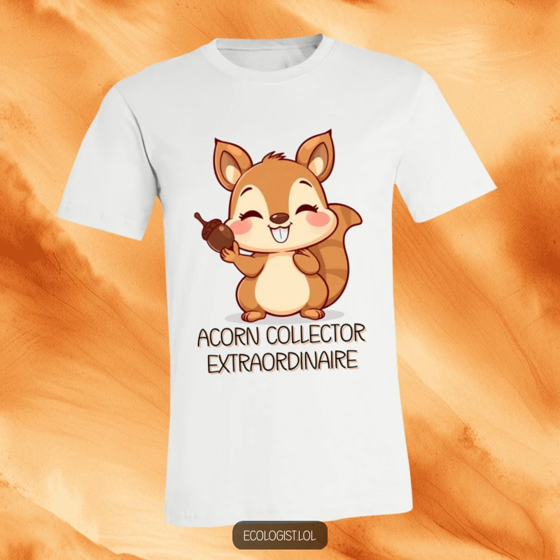 Funny t-shirt depicting a joyful squirrel with a wide grin, expertly balancing multiple acorns on its nose, celebrating playful skill.