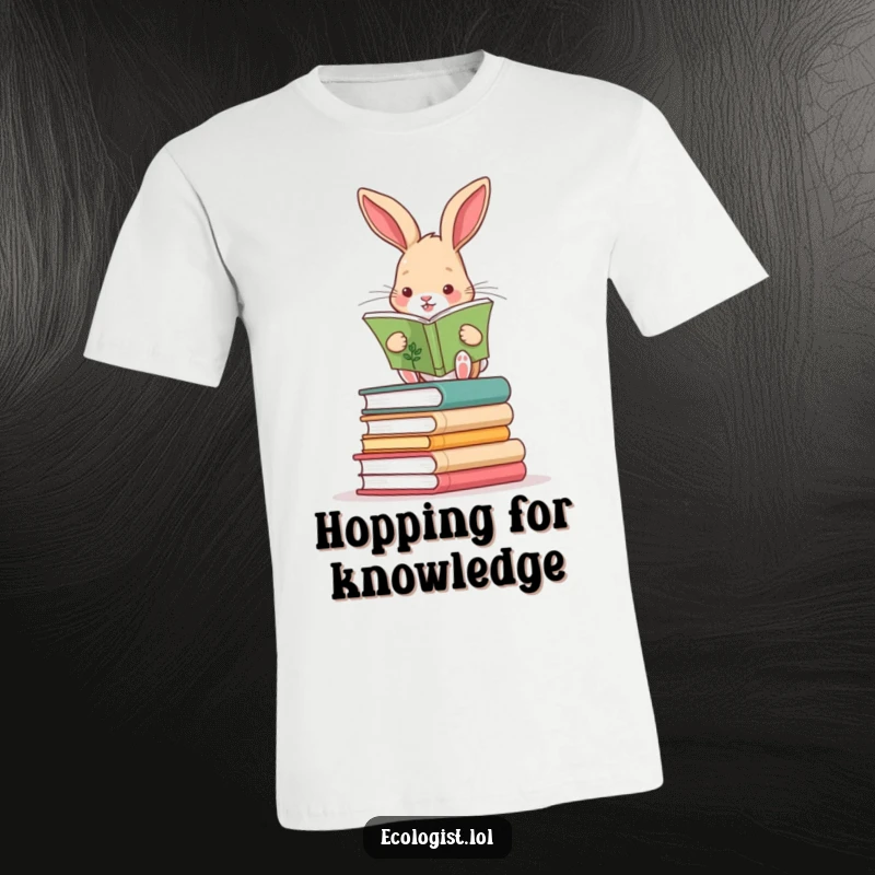 Funny rabbit precariously balanced on a stack of books, intently reading a plant identification guide on a t-shirt.