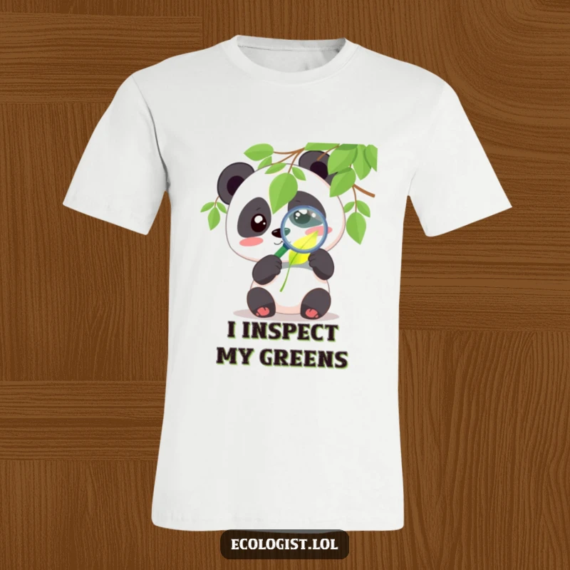 Funny panda t-shirt showing a cute character examining a glowing leaf with a magnifying glass with curiosity, ideal for a humorous gift.