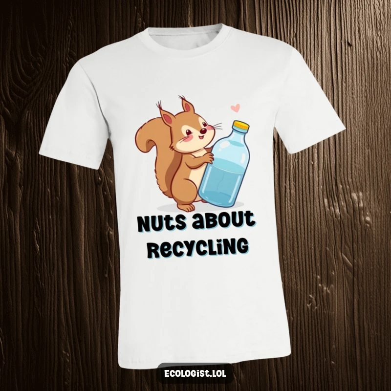 Funny squirrel admonishing a plastic bottle with its tail wagging, on a humorous t-shirt for environmentalists.