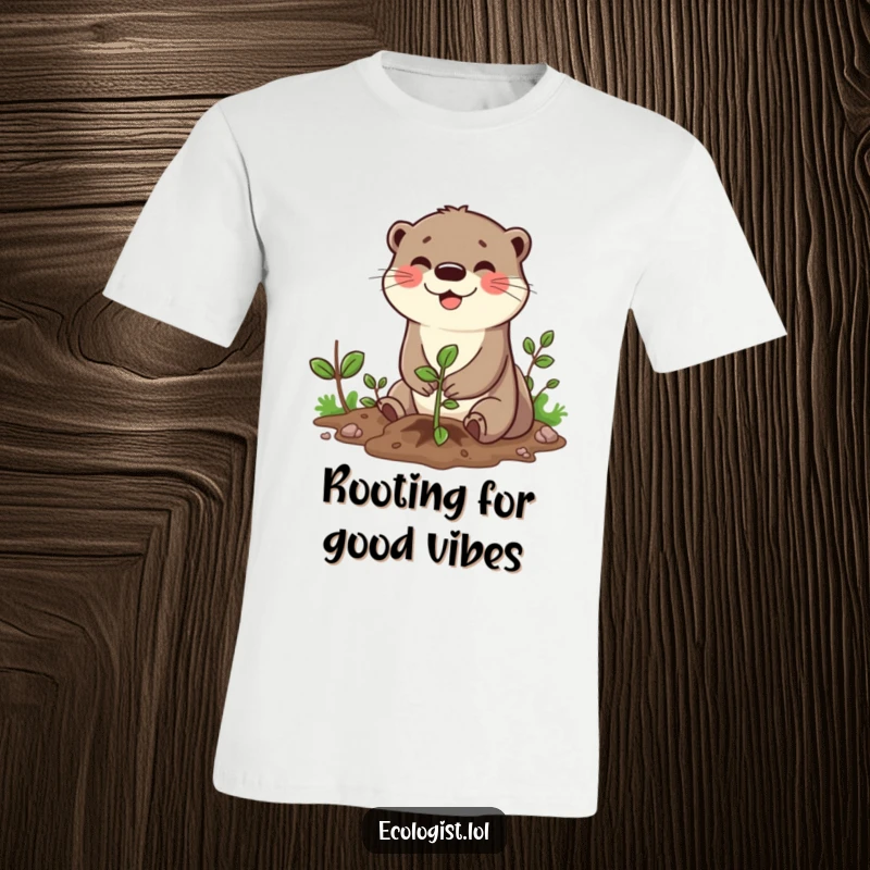 Funny t-shirt showcasing a happy otter character joyfully planting a tiny green sapling with its small hands, radiating eco-conscious happiness.