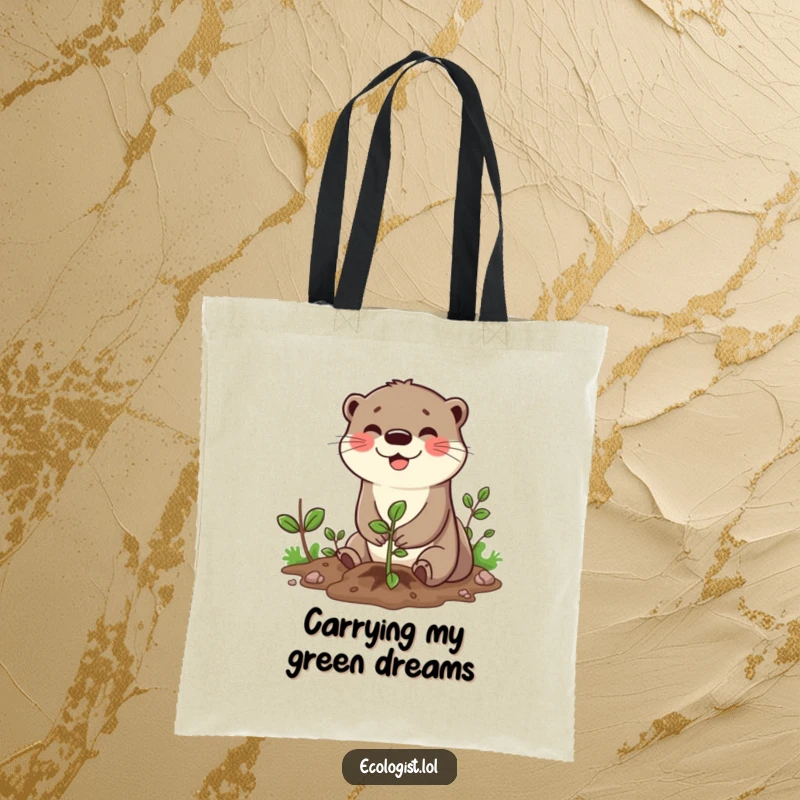 Funny tote bag illustrating a happy otter character planting a young sapling with tiny hands, celebrating environmental efforts with a smile.