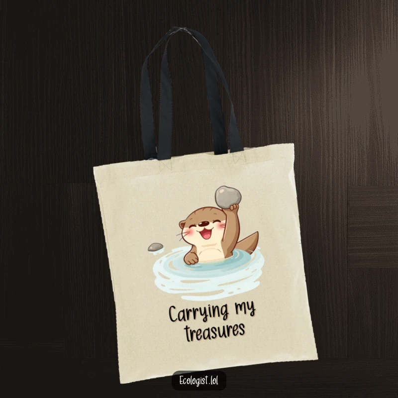 Funny joyful otter swimming in a clear stream, holding a shiny clean pebble, on a stylish tote bag.
