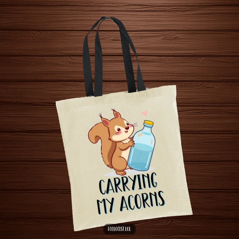 Funny squirrel wagging its tail while scolding a plastic bottle on a reusable tote bag, promoting eco-humor.