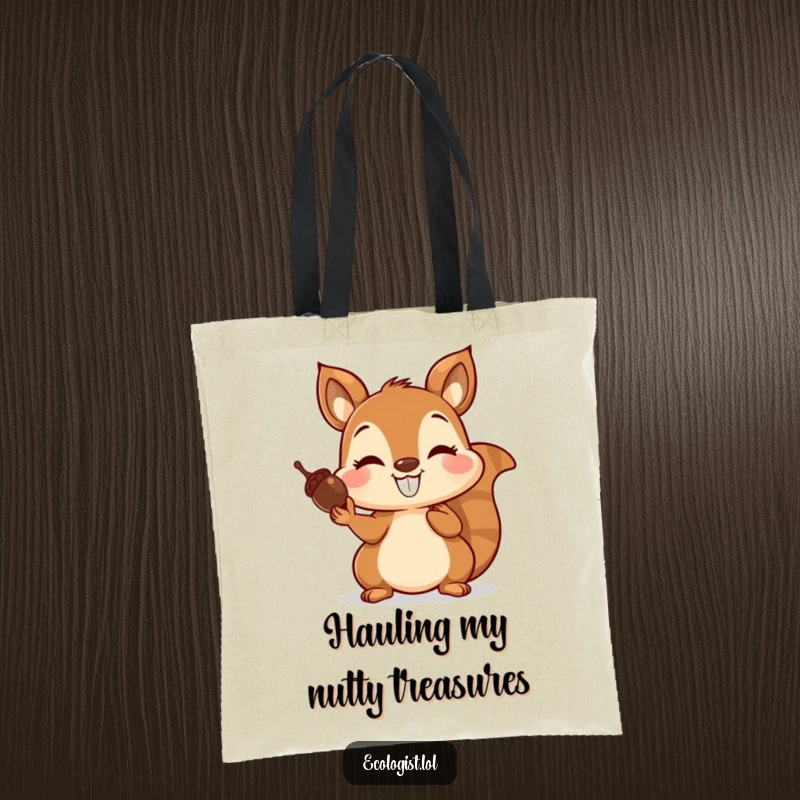 Funny tote bag illustrating a joyful squirrel with a grin, balancing acorns on its nose, perfect for everyday use.